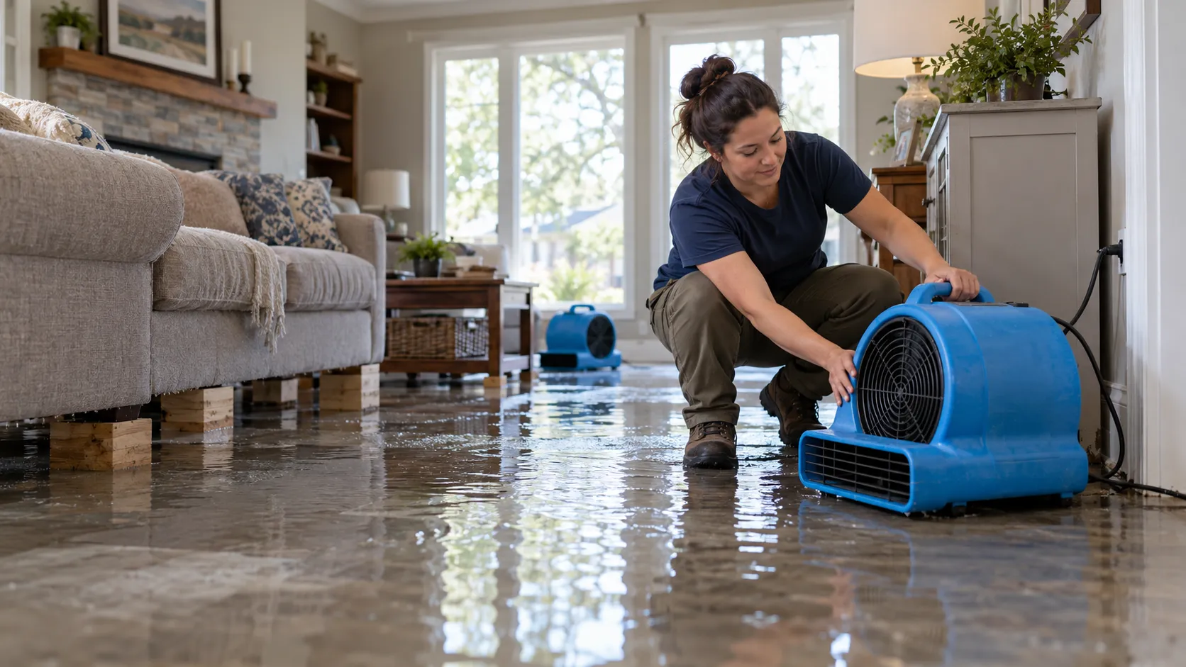 Water damage restoration technician drying a flooded living room in Grand Rapids